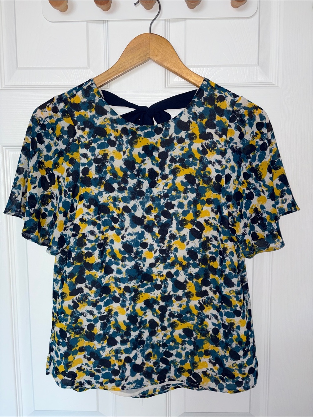 H&M Navy, Yellow & White Abstract Print Tie-Back Blouse